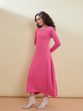 Pink Contrast Neck Midi Sweater Jumper Dress-SASSAFRAS