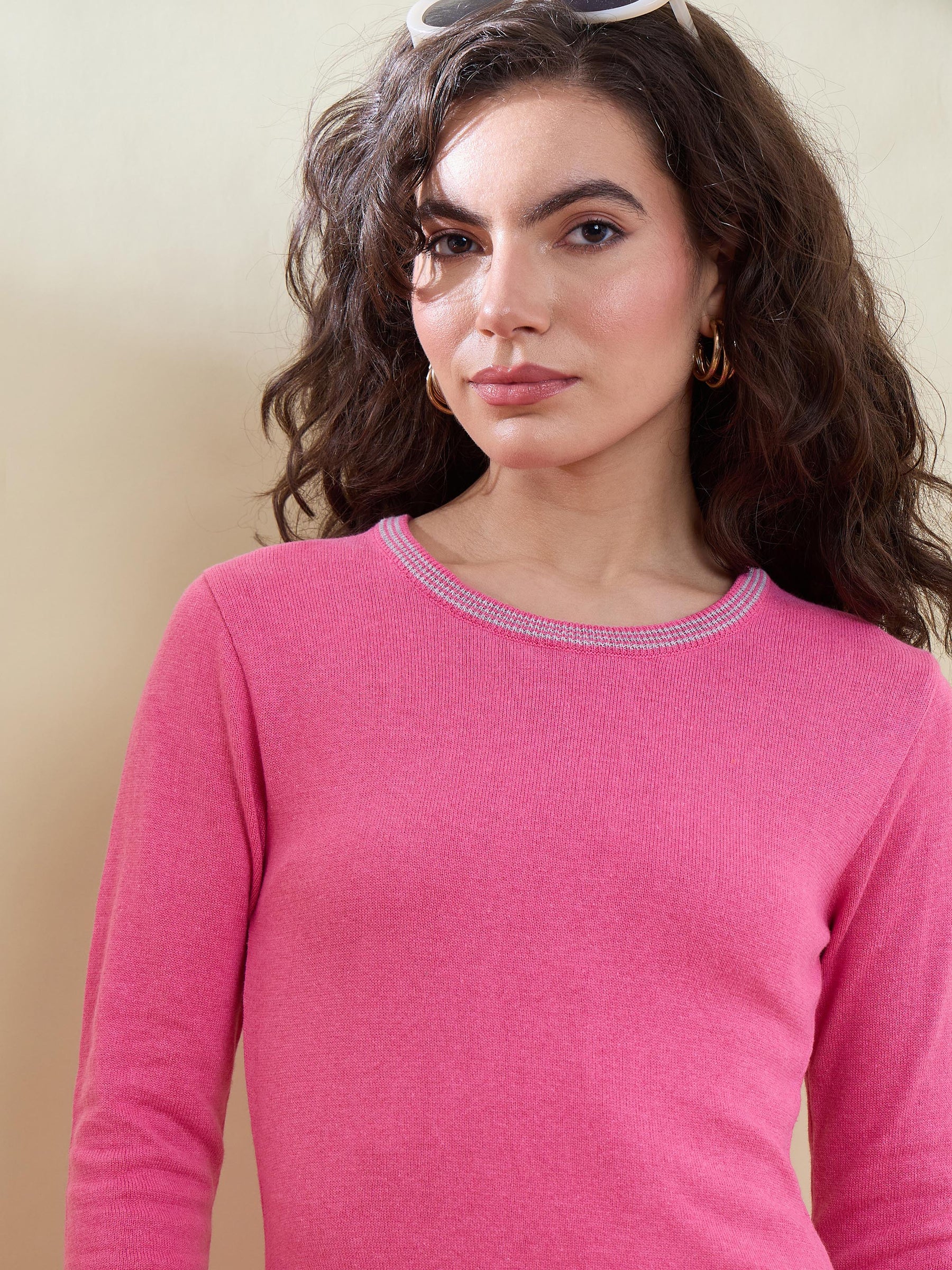 Pink Contrast Neck Midi Sweater Jumper Dress-SASSAFRAS