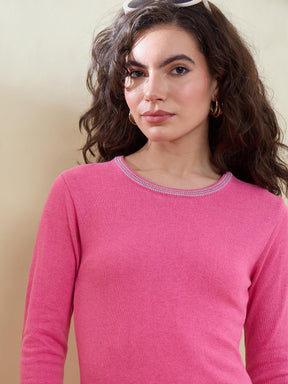 Pink Contrast Neck Midi Sweater Jumper Dress-SASSAFRAS