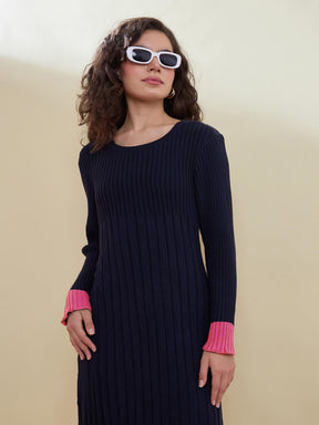 Navy With Pink Border Midi Sweater Jumper Dress-SASSAFRAS