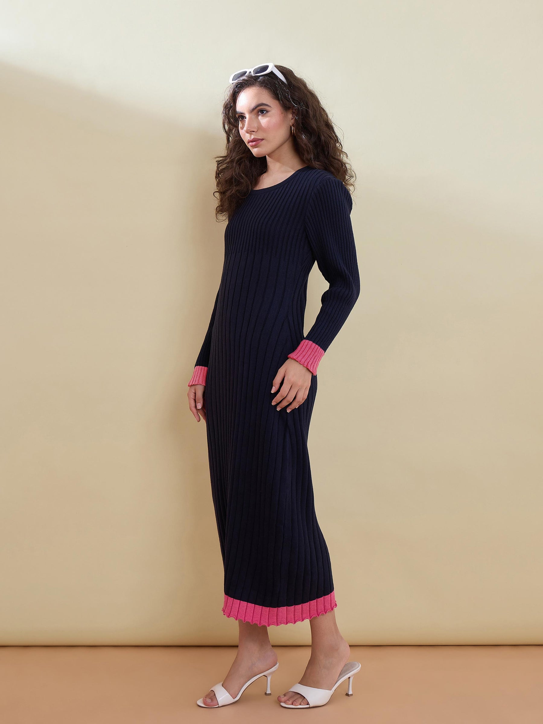 Navy With Pink Border Midi Sweater Jumper Dress-SASSAFRAS