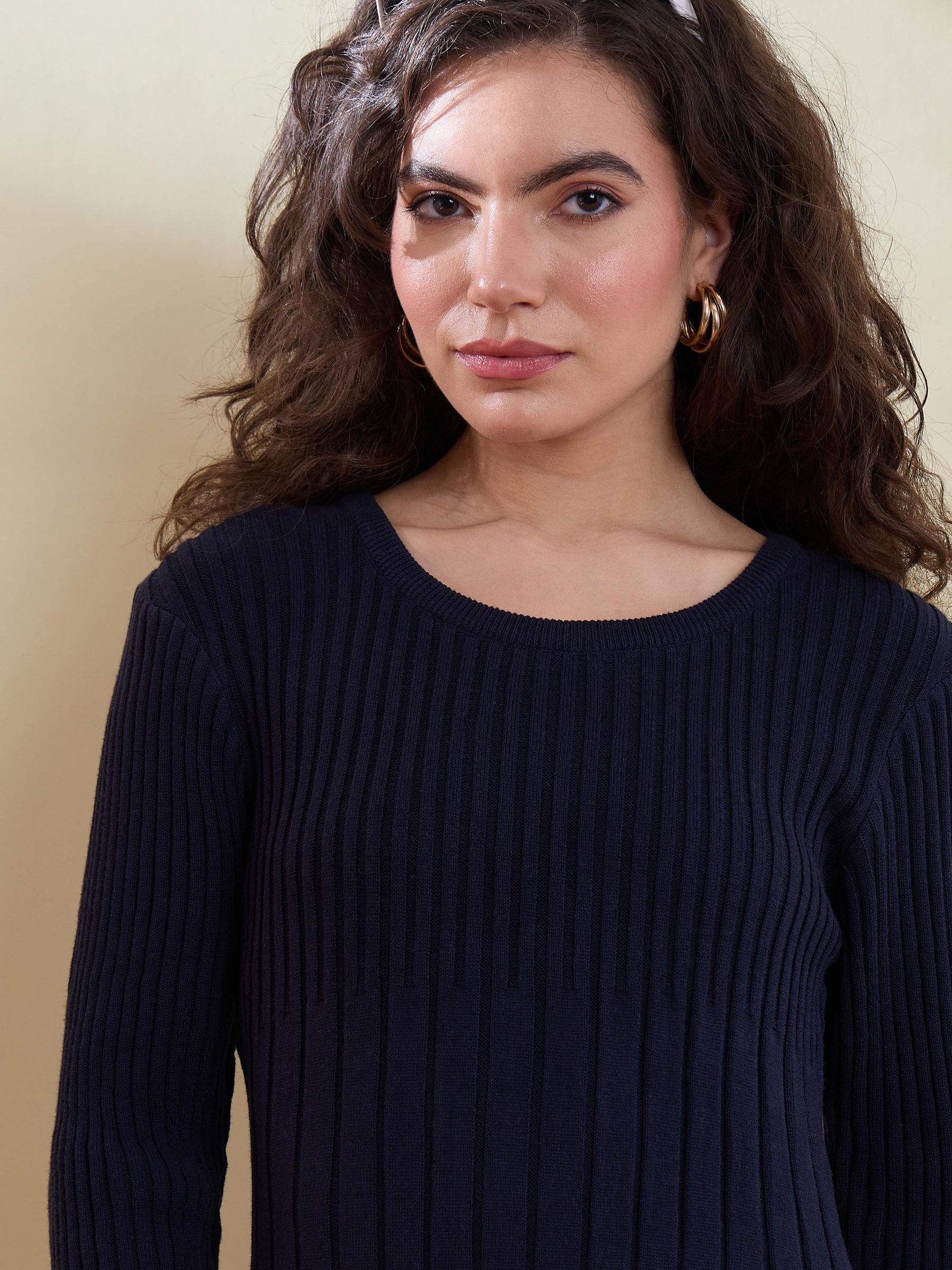 Navy With Pink Border Midi Sweater Jumper Dress-SASSAFRAS