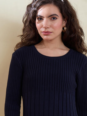 Navy With Pink Border Midi Sweater Jumper Dress-SASSAFRAS