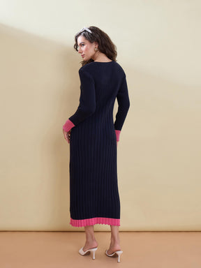 Navy With Pink Border Midi Sweater Jumper Dress-SASSAFRAS