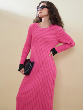 Pink With Navy Border Midi Sweater Jumper Dress-SASSAFRAS