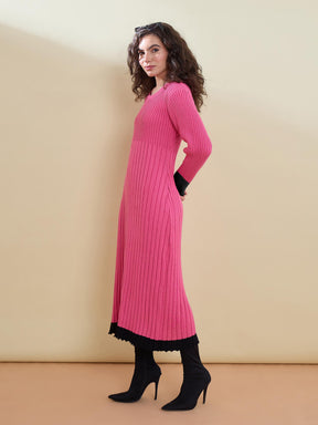 Pink With Navy Border Midi Sweater Jumper Dress-SASSAFRAS
