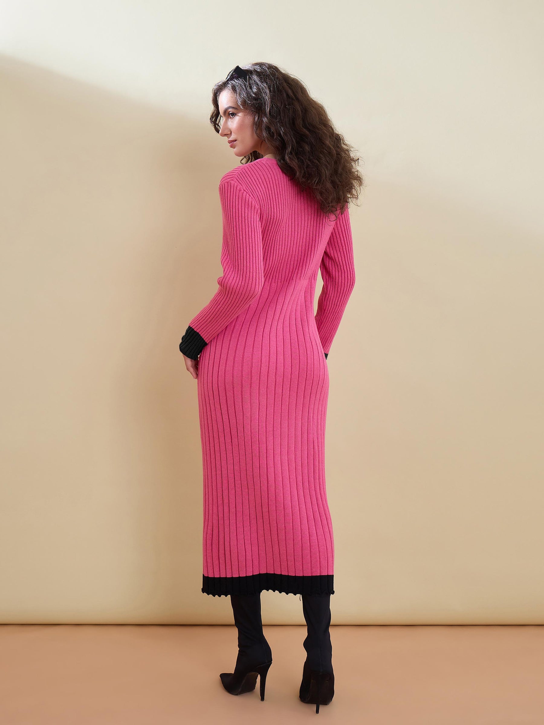 Pink With Navy Border Midi Sweater Jumper Dress-SASSAFRAS
