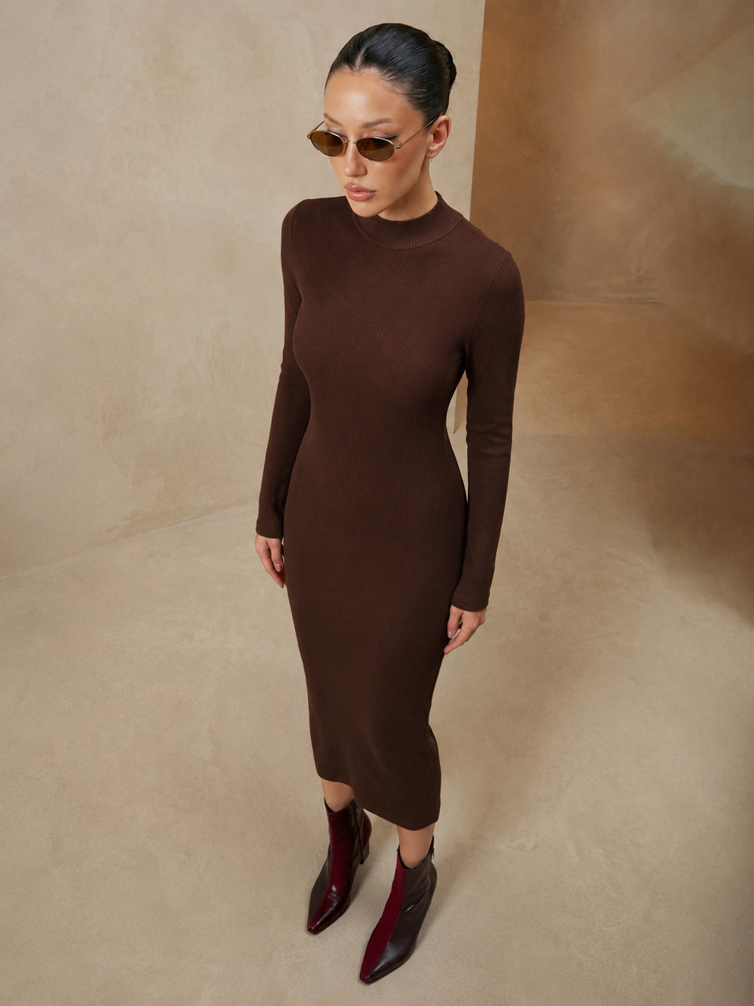 Brown Rib High Neck Maxi Dress-SASSAFRAS