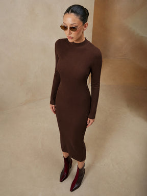 Brown Rib High Neck Maxi Dress-SASSAFRAS
