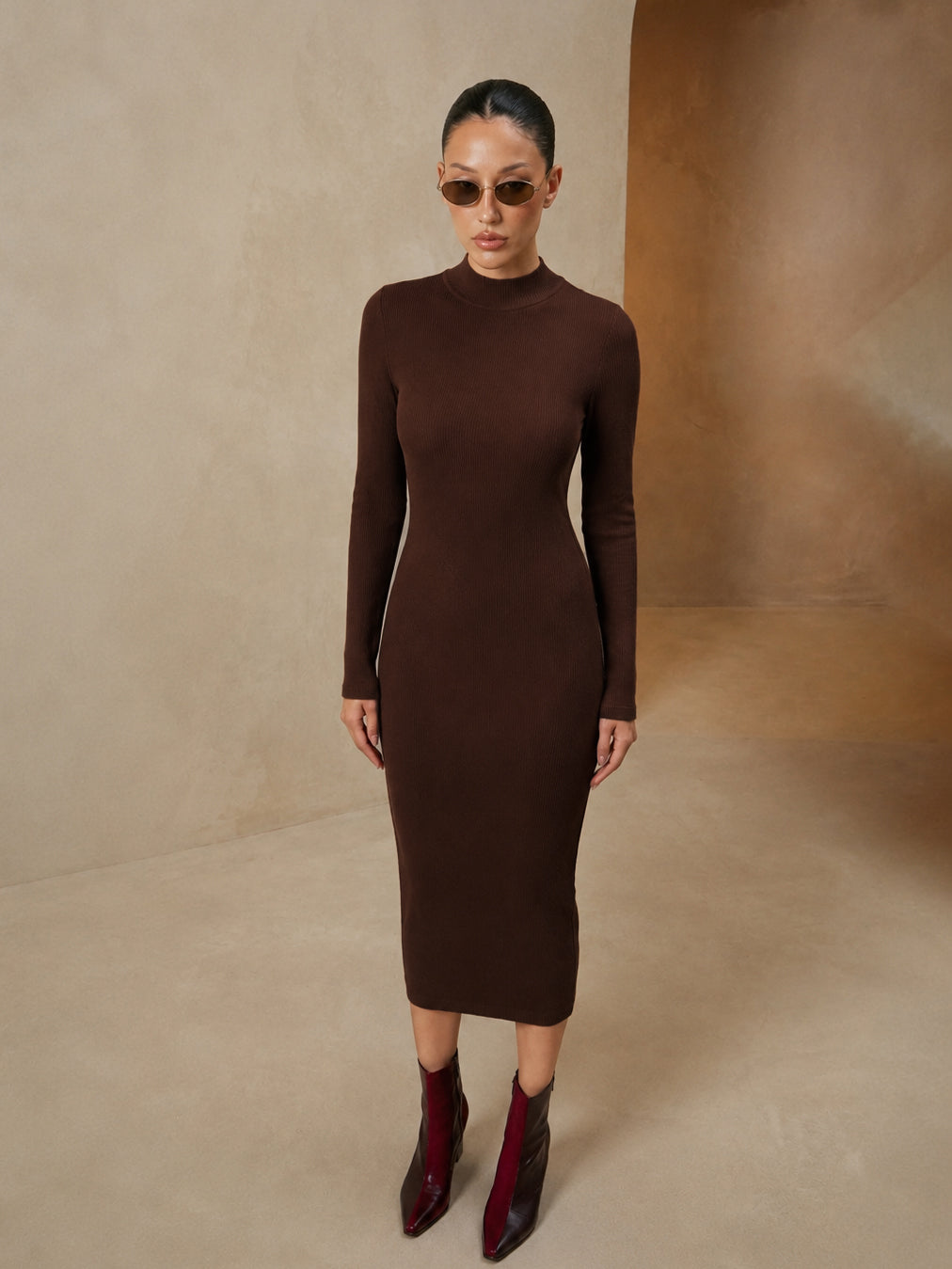 Brown Rib High Neck Maxi Dress-SASSAFRAS
