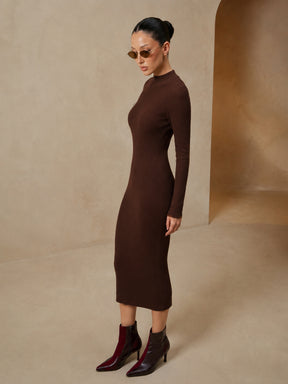 Brown Rib High Neck Maxi Dress-SASSAFRAS