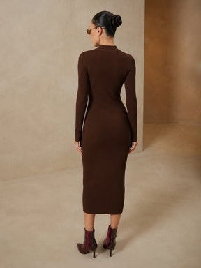 Brown Rib High Neck Maxi Dress-SASSAFRAS