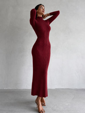Burgundy Rib High Neck Maxi Dress-SASSAFRAS