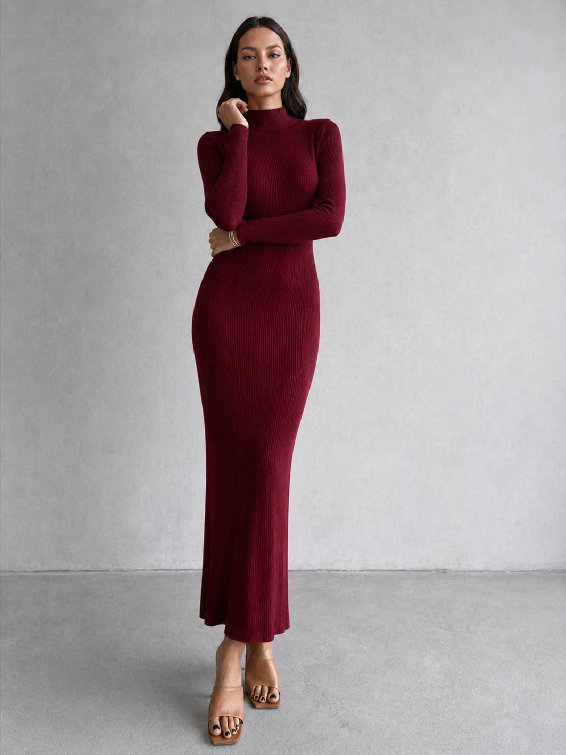 Burgundy Rib High Neck Maxi Dress-SASSAFRAS
