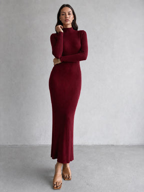 Burgundy Rib High Neck Maxi Dress-SASSAFRAS