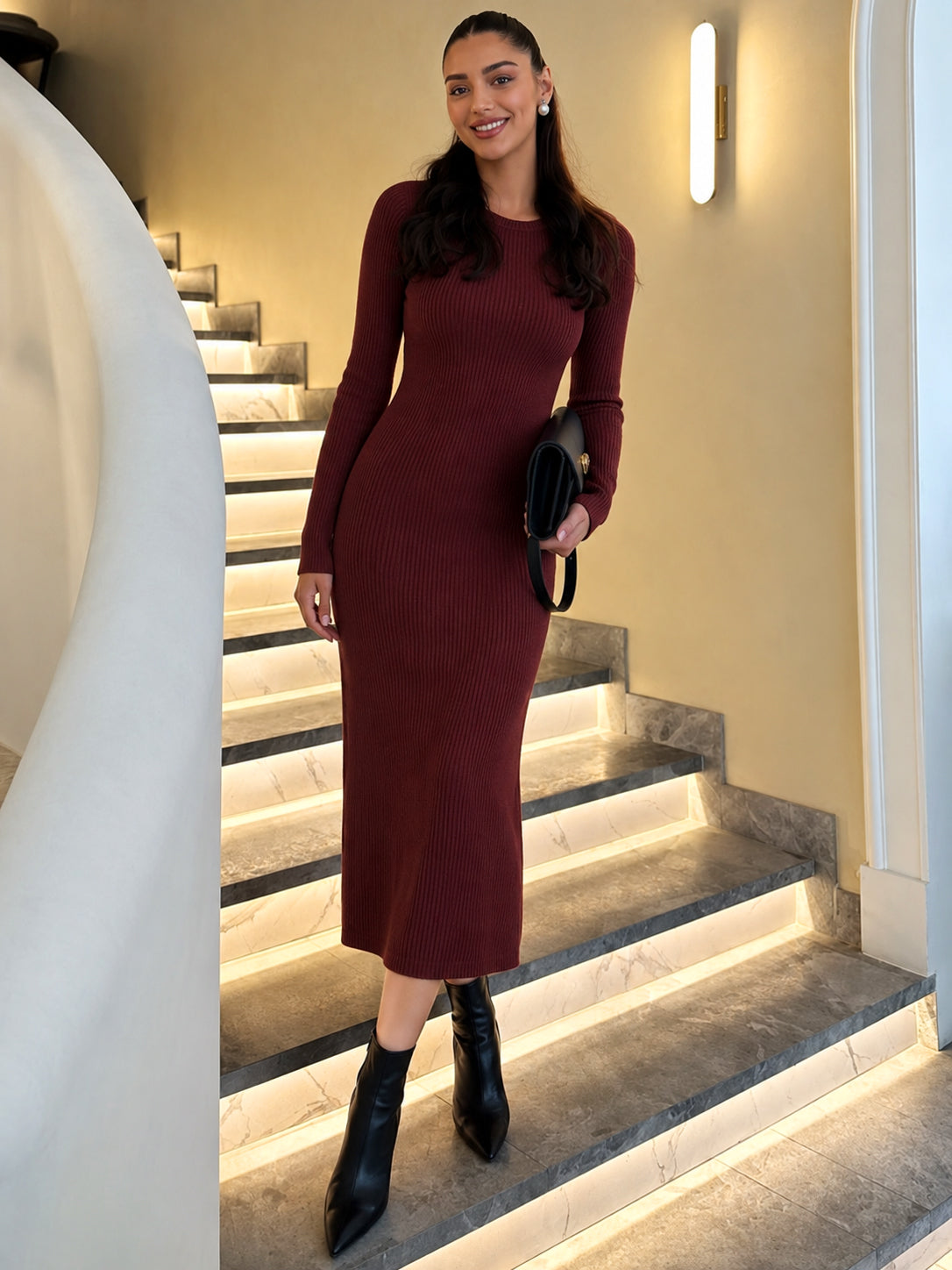 Women Burgundy Rib High Neck Maxi Dress
