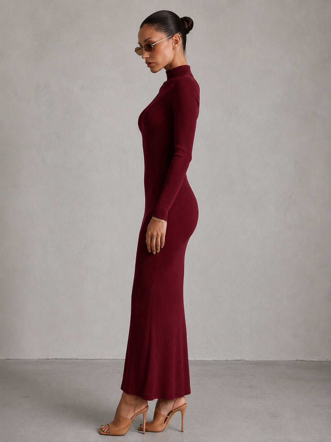 Burgundy Rib High Neck Maxi Dress-SASSAFRAS
