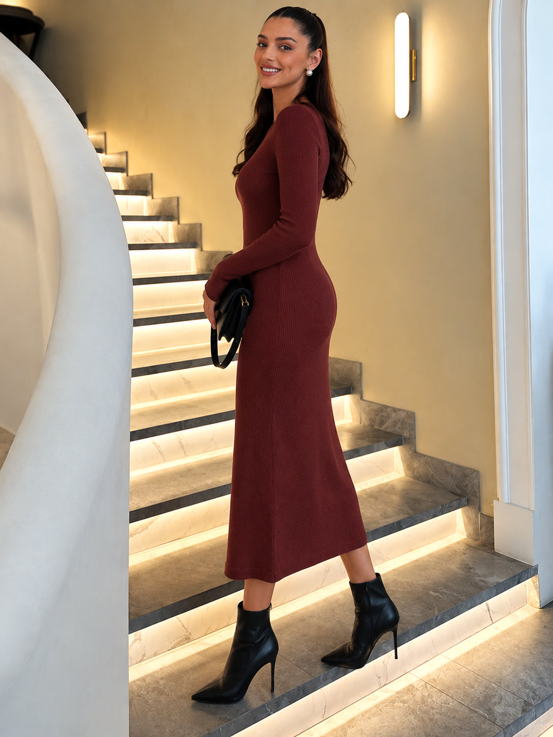 Women Burgundy Rib High Neck Maxi Dress
