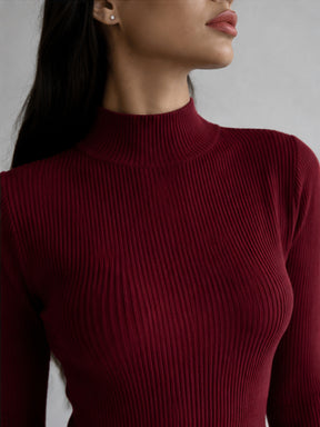 Burgundy Rib High Neck Maxi Dress-SASSAFRAS
