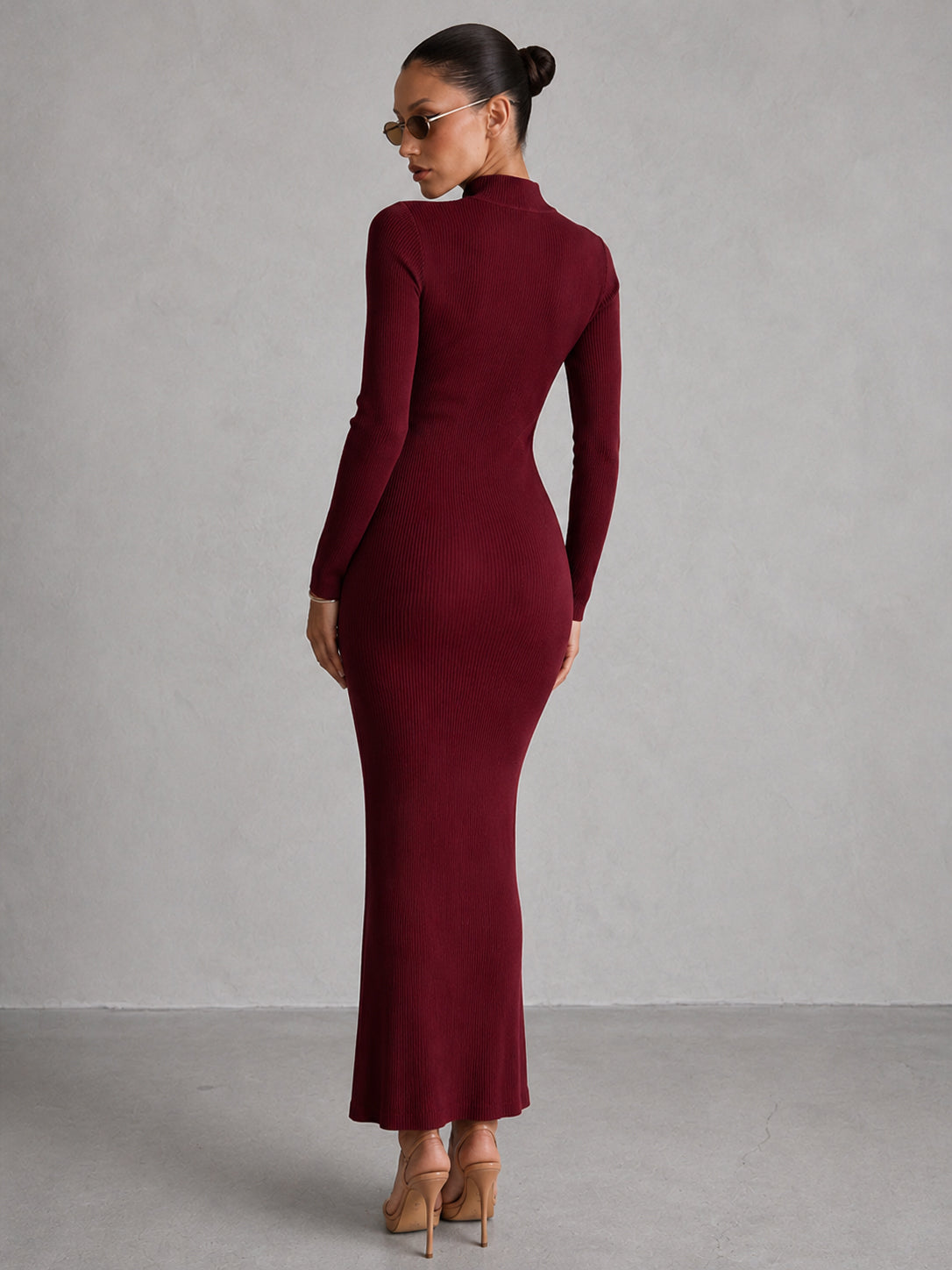 Burgundy Rib High Neck Maxi Dress-SASSAFRAS
