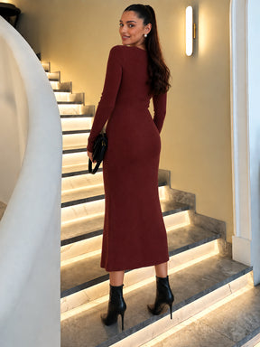 Women Burgundy Rib High Neck Maxi Dress