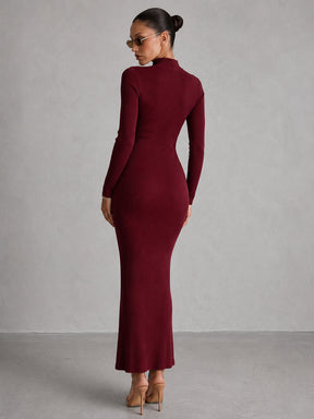 Burgundy Rib High Neck Maxi Dress-SASSAFRAS