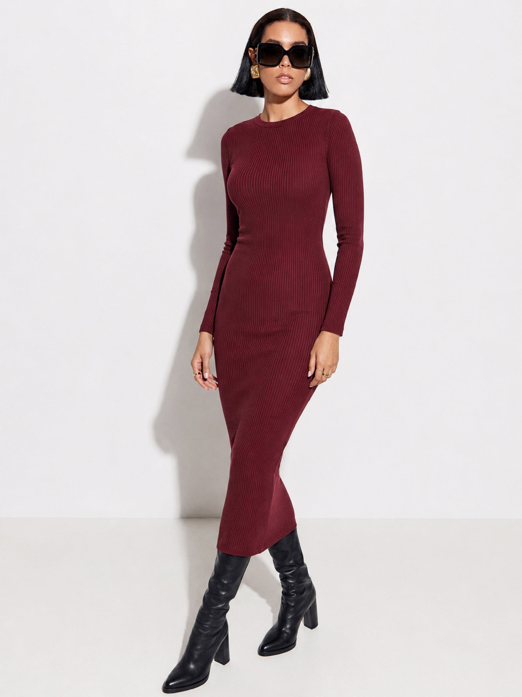Burgundy Rib Bodycon Full Sleeves Midi Dress-SASSAFRAS