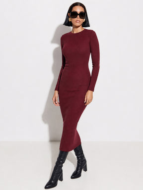 Burgundy Rib Bodycon Full Sleeves Midi Dress-SASSAFRAS