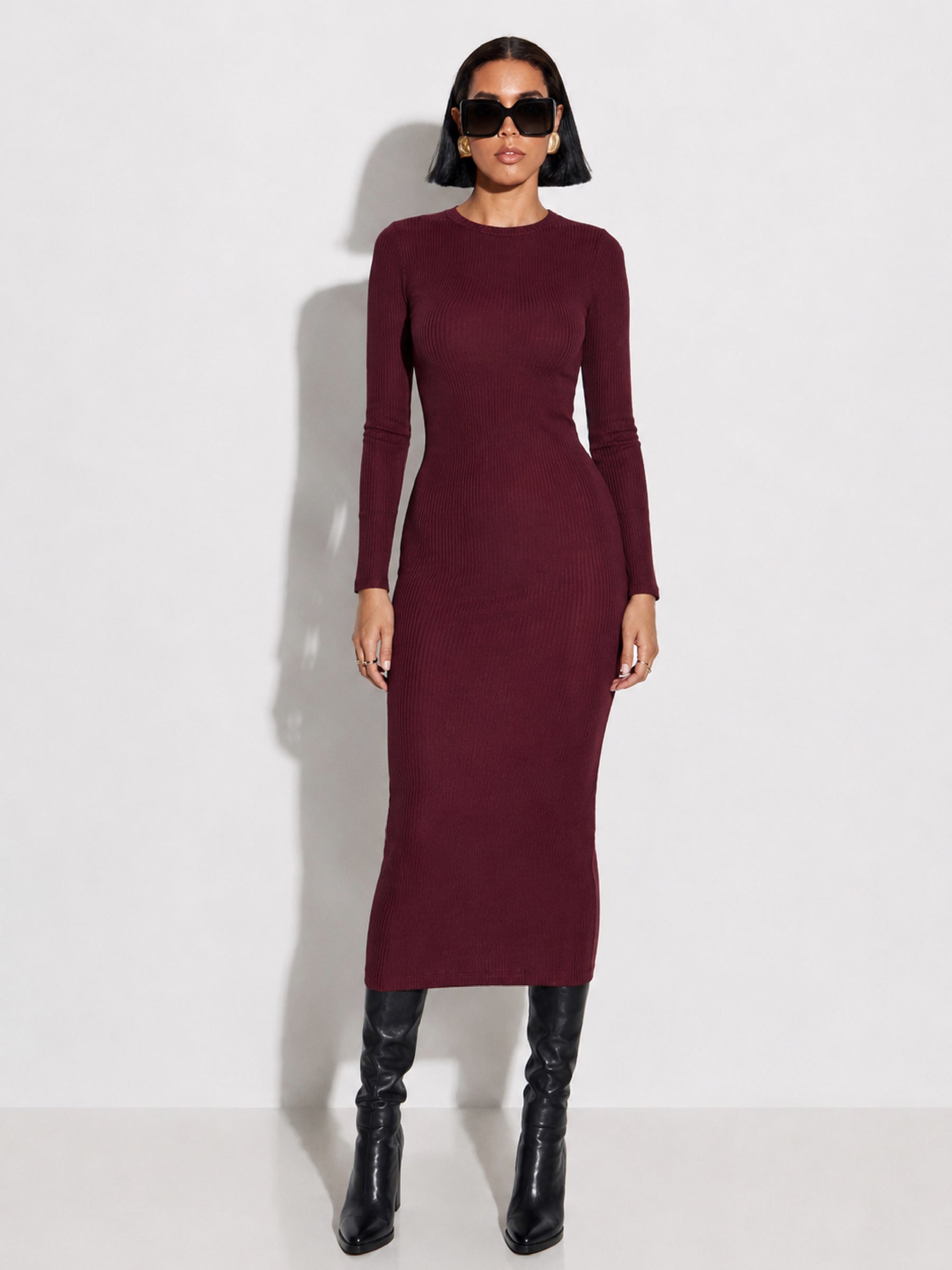 Burgundy Rib Bodycon Full Sleeves Midi Dress-SASSAFRAS