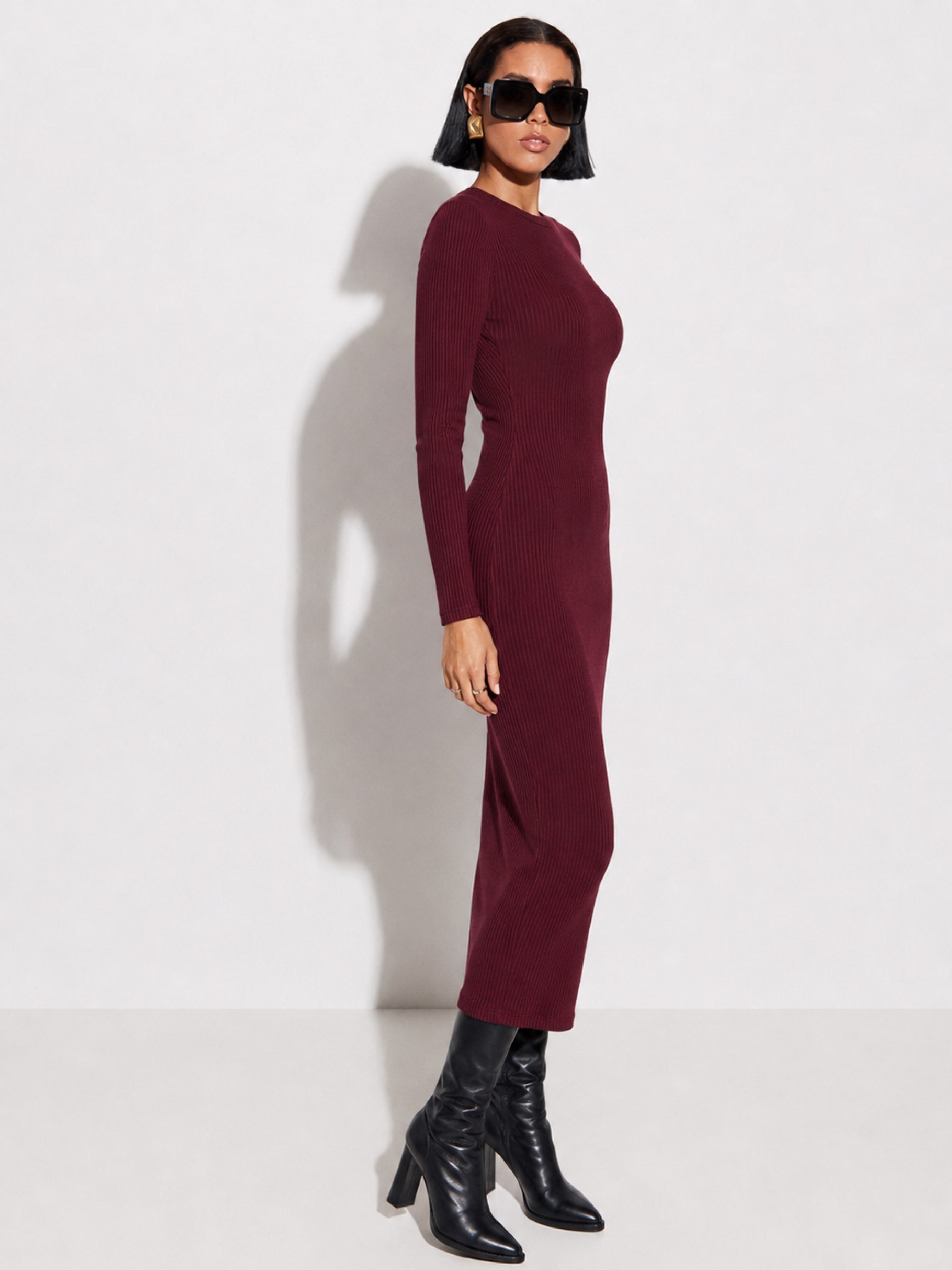Burgundy Rib Bodycon Full Sleeves Midi Dress-SASSAFRAS