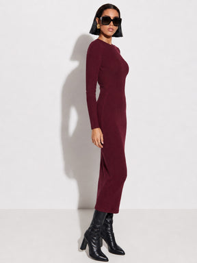 Burgundy Rib Bodycon Full Sleeves Midi Dress-SASSAFRAS