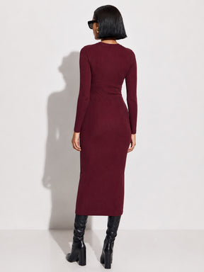 Burgundy Rib Bodycon Full Sleeves Midi Dress-SASSAFRAS