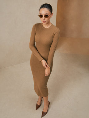 Tan Rib Bodycon Full Sleeves Midi Dress-SASSAFRAS