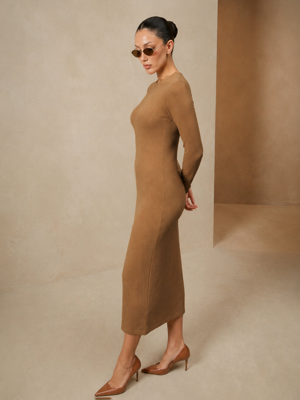 Tan Rib Bodycon Full Sleeves Midi Dress-SASSAFRAS
