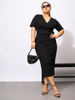 Black Rib Side Knot Bodycon Short Sleeves Midi Dress-SASSAFRAS Curve