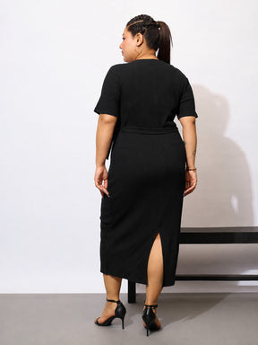 Black Rib Side Knot Bodycon Short Sleeves Midi Dress-SASSAFRAS Curve