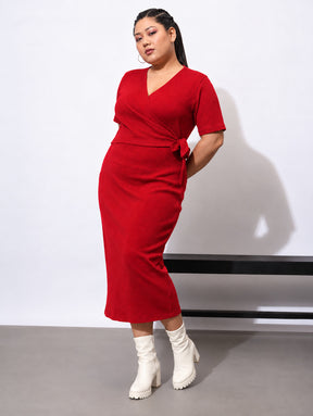 Red Rib Side Knot Bodycon Short Sleeves Midi Dress-SASSAFRAS Curve