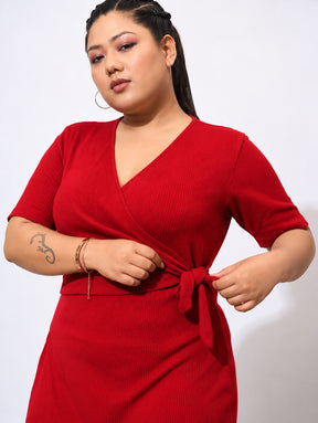 Red Rib Side Knot Bodycon Short Sleeves Midi Dress-SASSAFRAS Curve