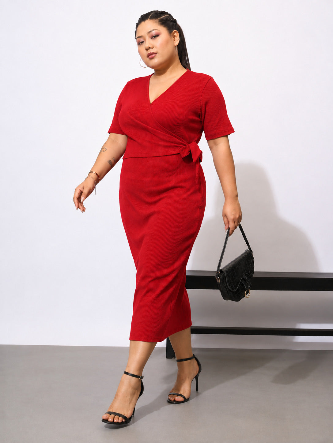 Red Rib Side Knot Bodycon Short Sleeves Midi Dress-SASSAFRAS Curve