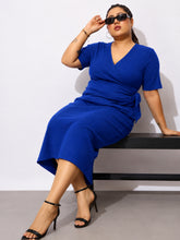 Royal Blue Rib Side Knot Bodycon Short Sleeves Midi Dress-SASSAFRAS Curve
