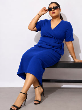 Royal Blue Rib Side Knot Bodycon Short Sleeves Midi Dress-SASSAFRAS Curve
