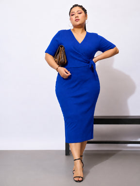 Royal Blue Rib Side Knot Bodycon Short Sleeves Midi Dress-SASSAFRAS Curve