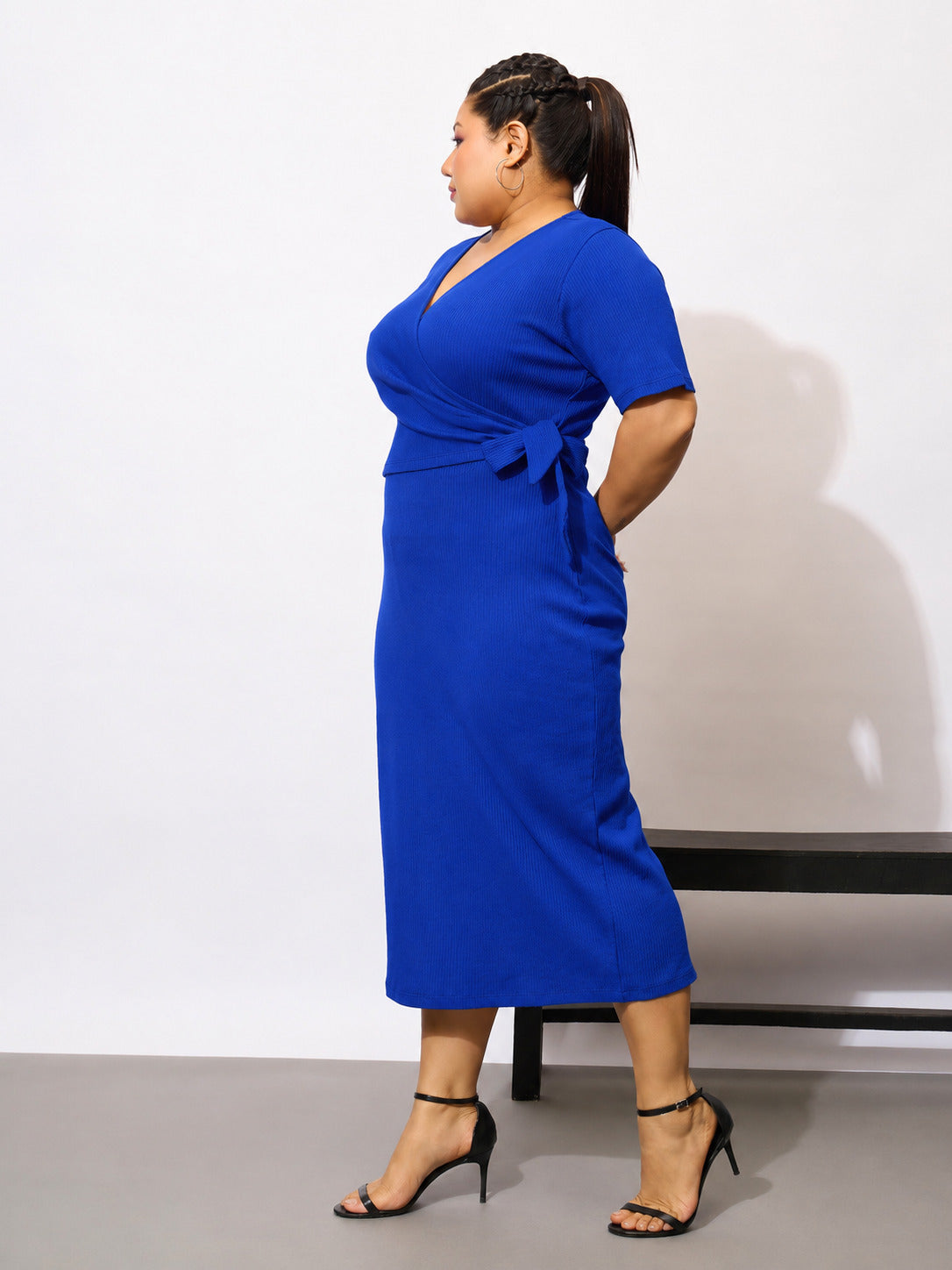 Royal Blue Rib Side Knot Bodycon Short Sleeves Midi Dress-SASSAFRAS Curve