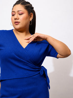 Royal Blue Rib Side Knot Bodycon Short Sleeves Midi Dress-SASSAFRAS Curve
