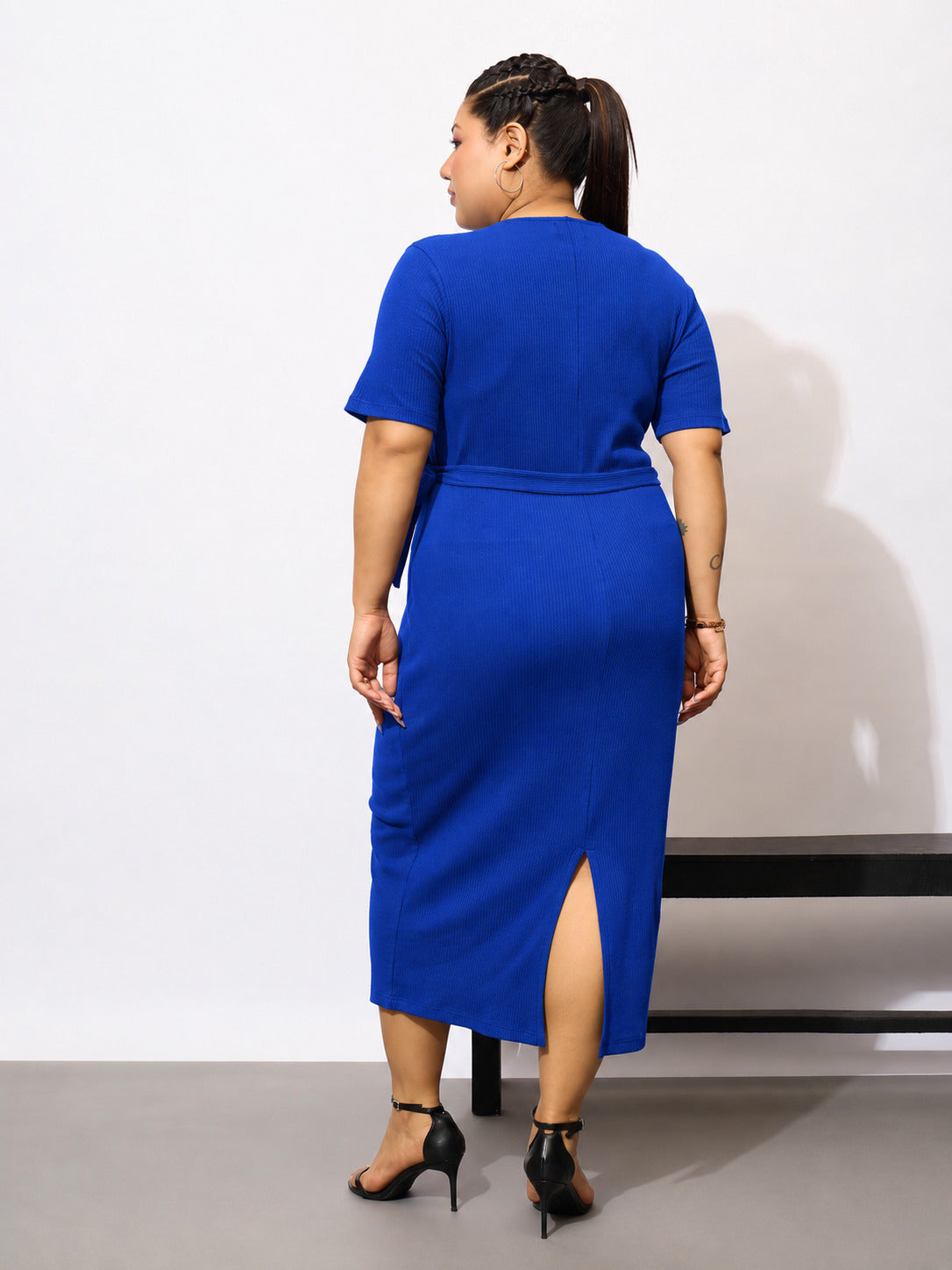 Royal Blue Rib Side Knot Bodycon Short Sleeves Midi Dress-SASSAFRAS Curve