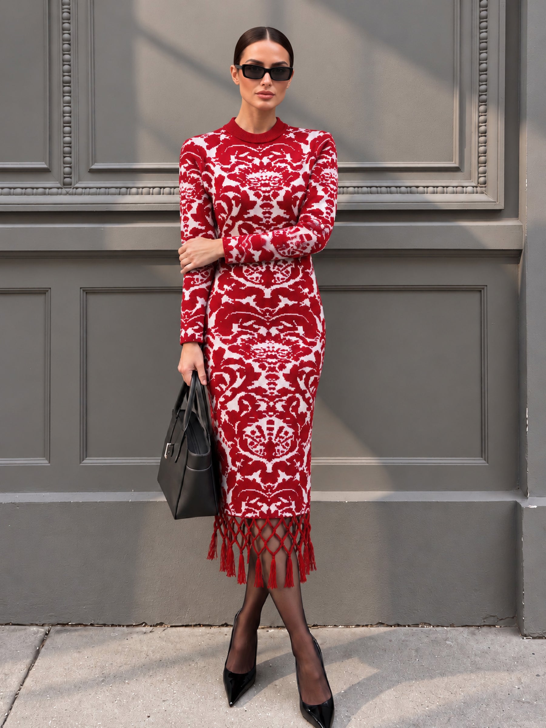 Red Jacquard Acrylic Fringe Hem Jumper Dress-SASSAFRAS