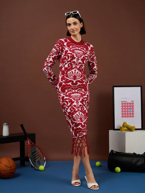 Red Jacquard Acrylic Fringe Hem Jumper Dress-SASSAFRAS