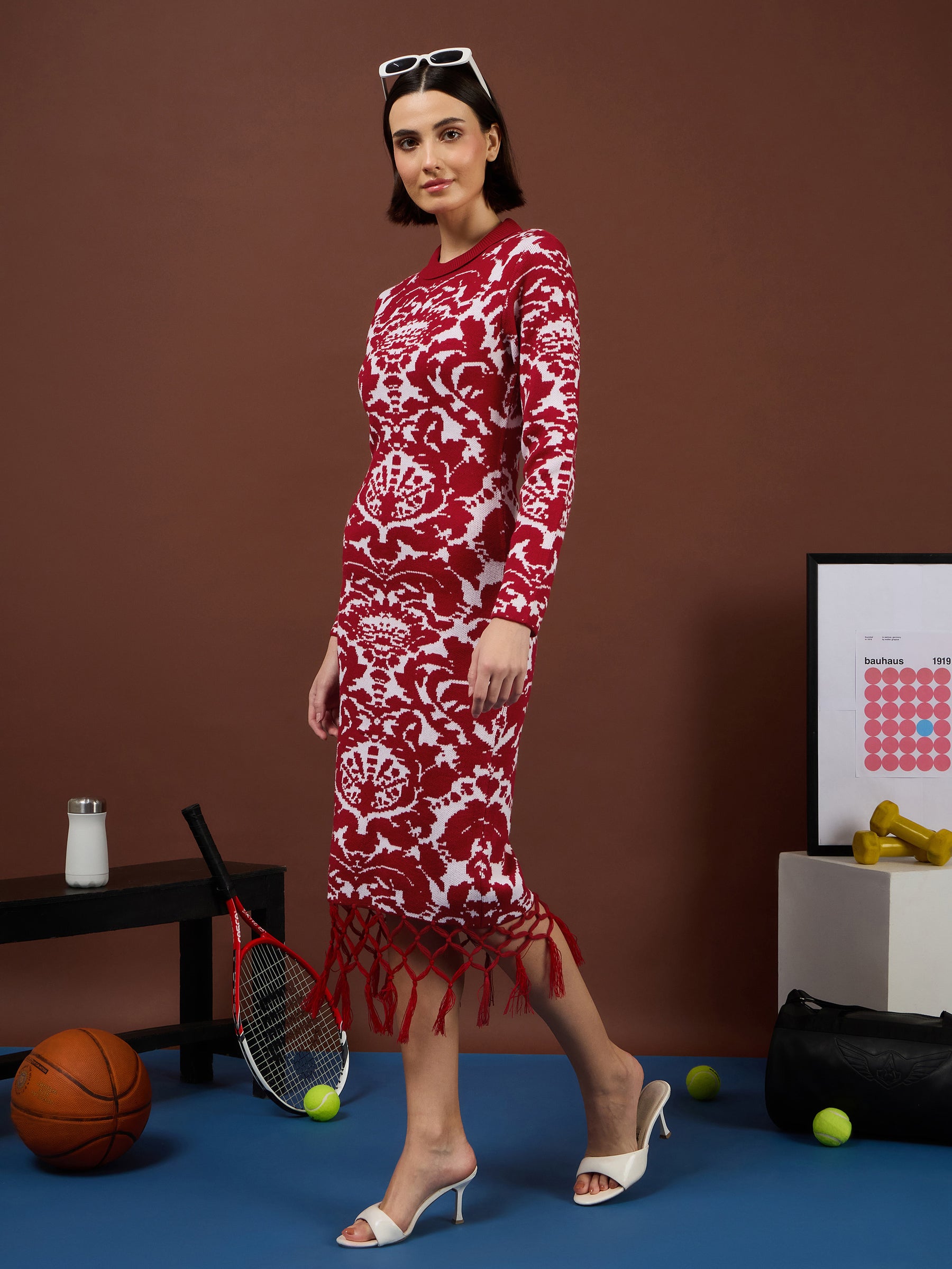 Red Jacquard Acrylic Fringe Hem Jumper Dress-SASSAFRAS