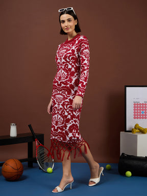 Red Jacquard Acrylic Fringe Hem Jumper Dress-SASSAFRAS