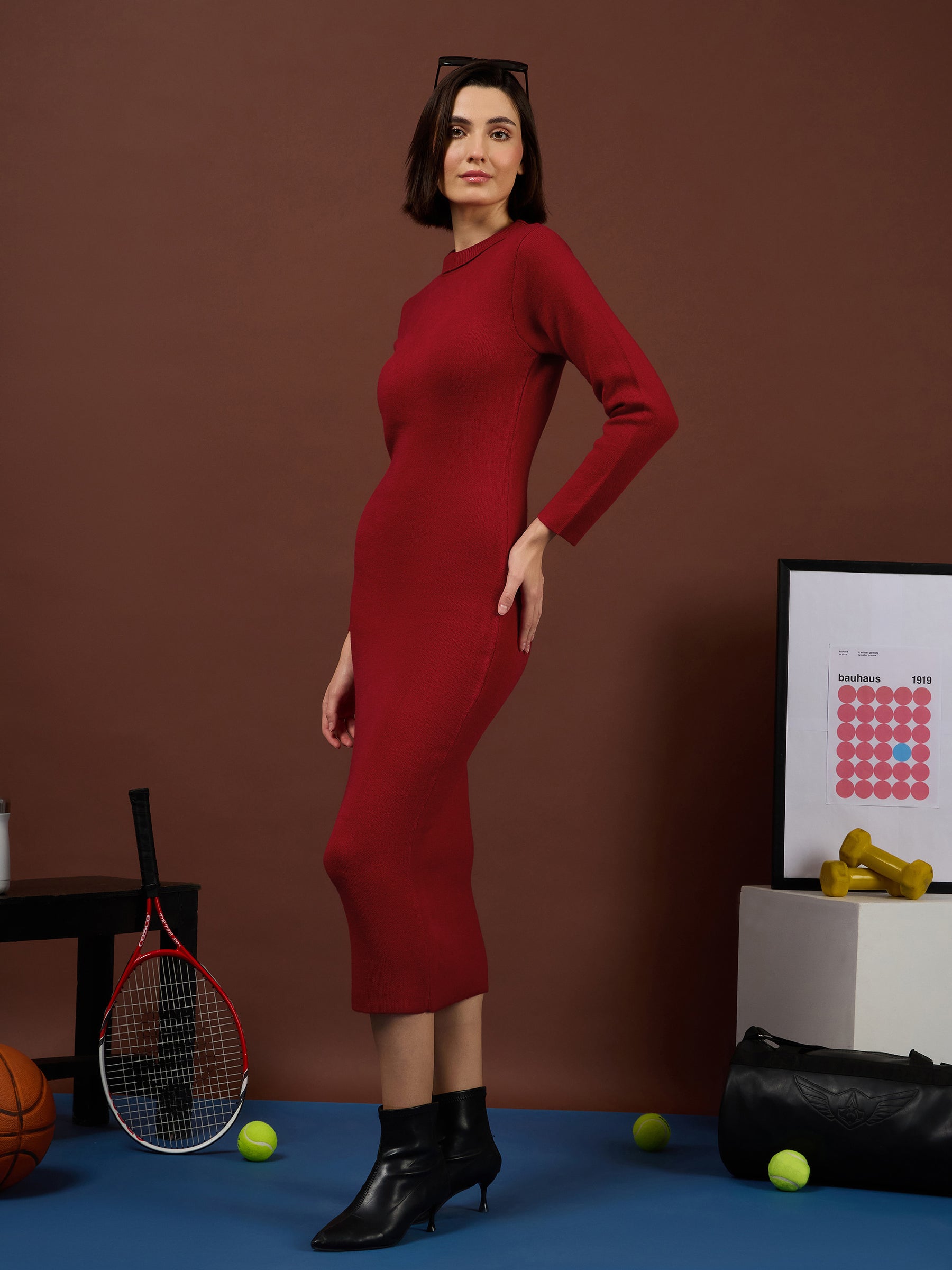 Red Acrylic High Neck Midi Jumper Dress-SASSAFRAS